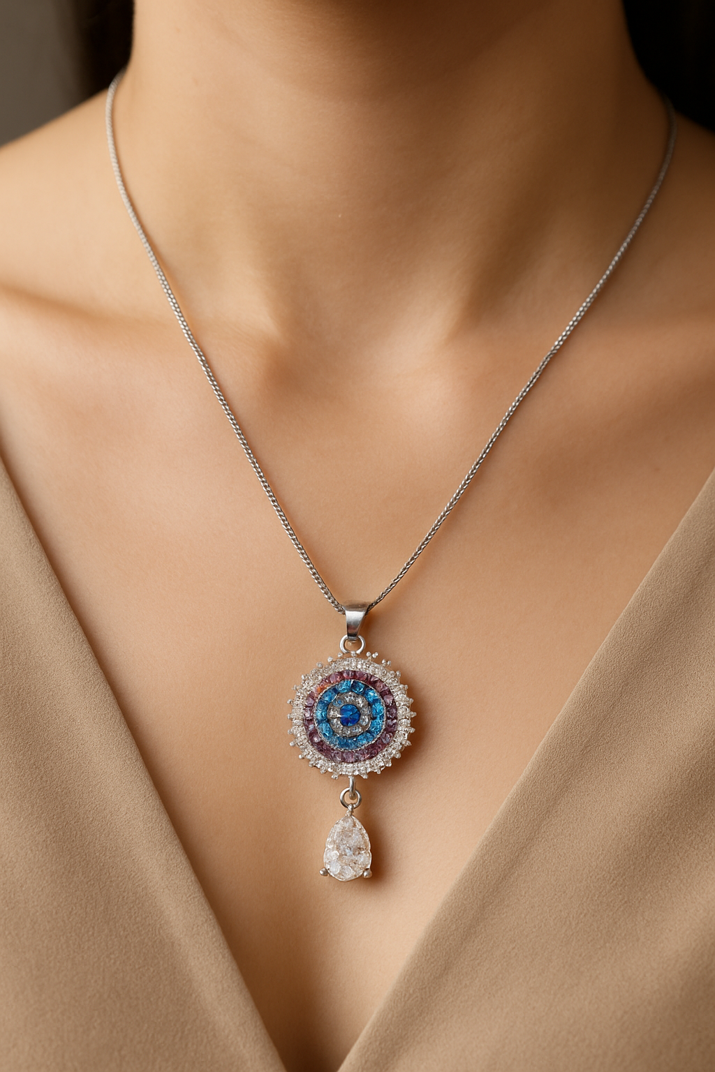 Silver Radiant Pendant with Blue & Pink Zircon Stones