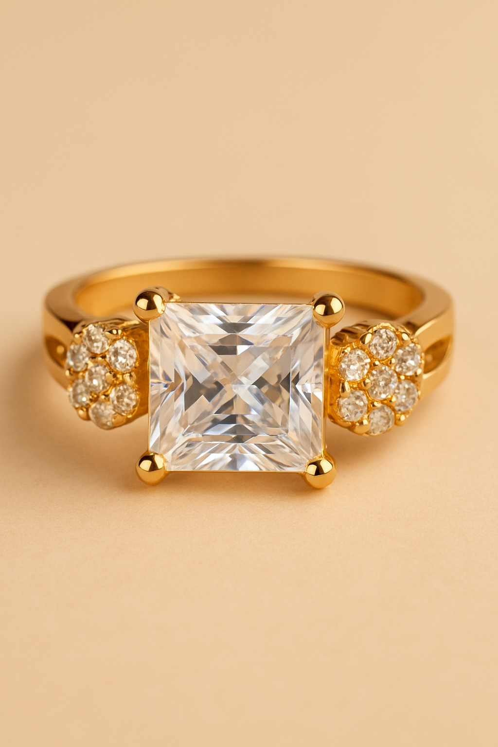 Princess Cut Solitaire Ring with Floral Accents