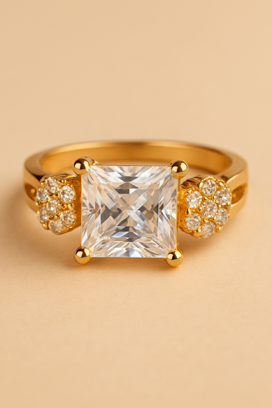 Princess Cut Solitaire Ring with Floral Accents