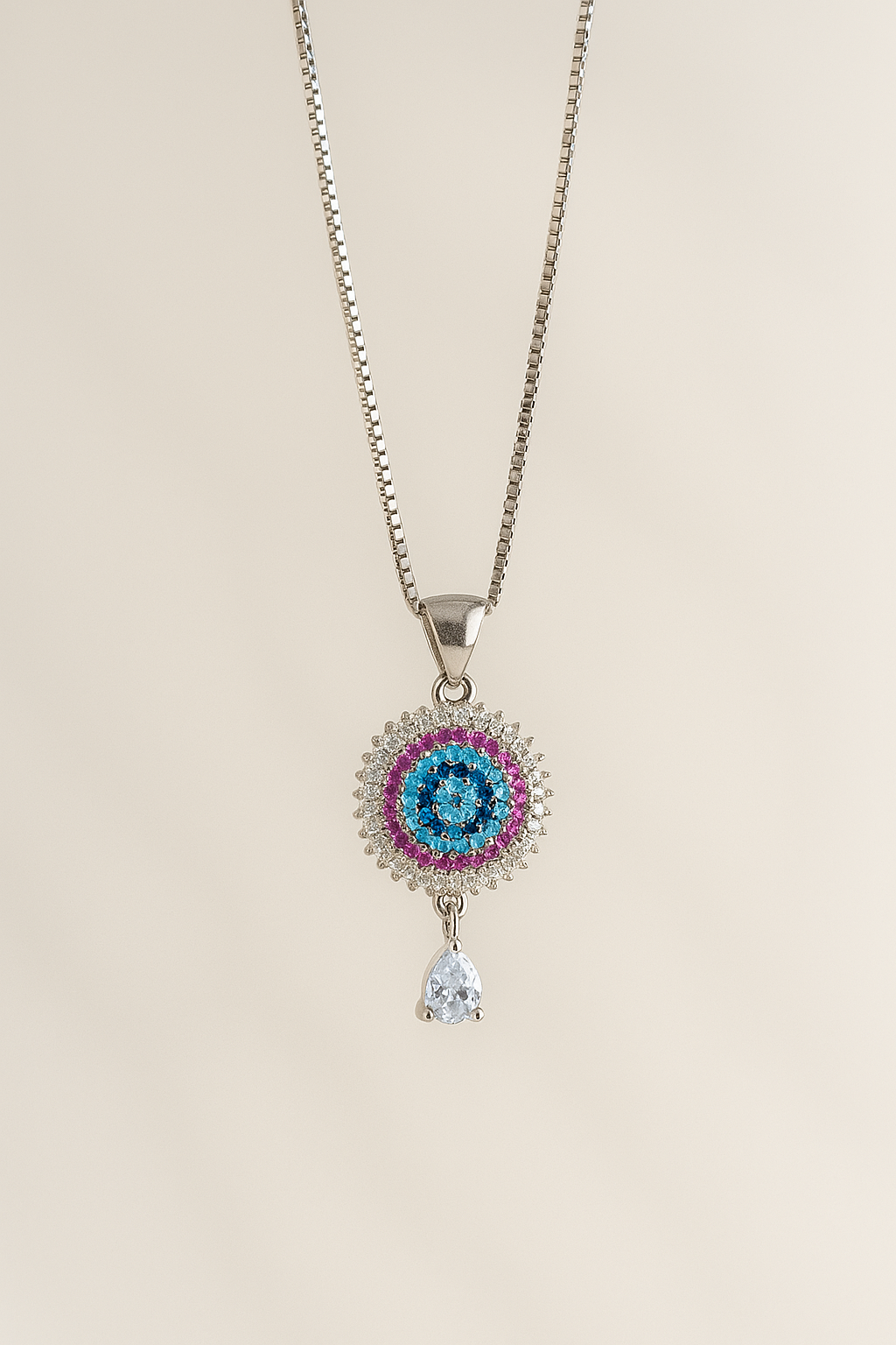 Silver Radiant  Pendant with Blue & Pink Zircon Stones