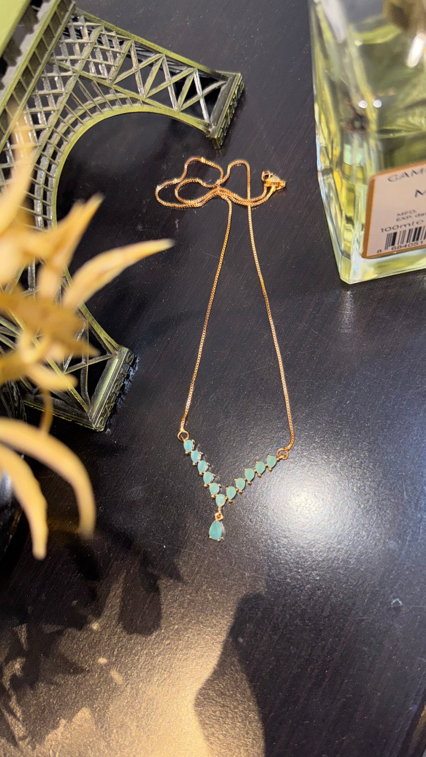 Soft Blue Stone Necklace with Teardrop Pendant